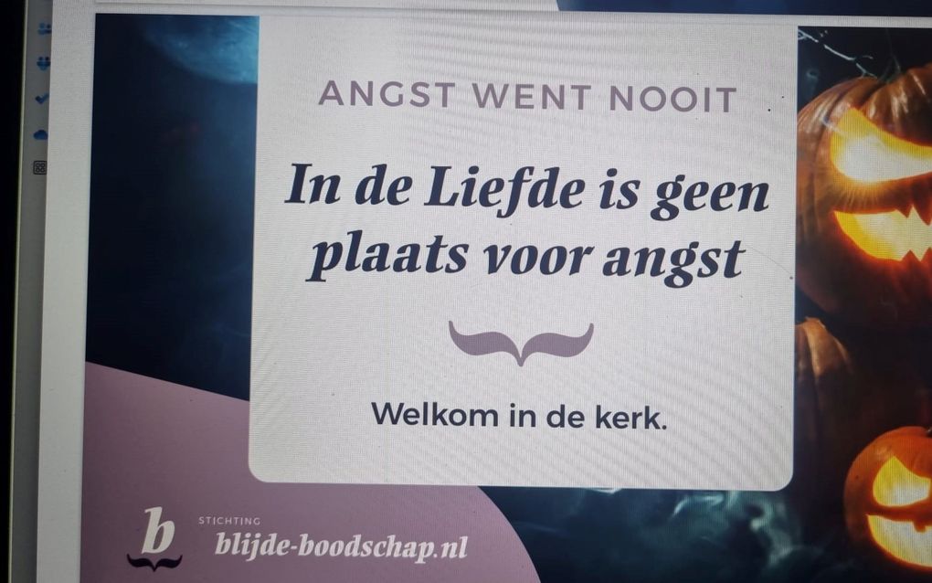 Ontwerp voor een billboard van Stichting Blijde-Boodschap „als tegenwicht tegen Halloween”. beeld Koos Hoogendoorn