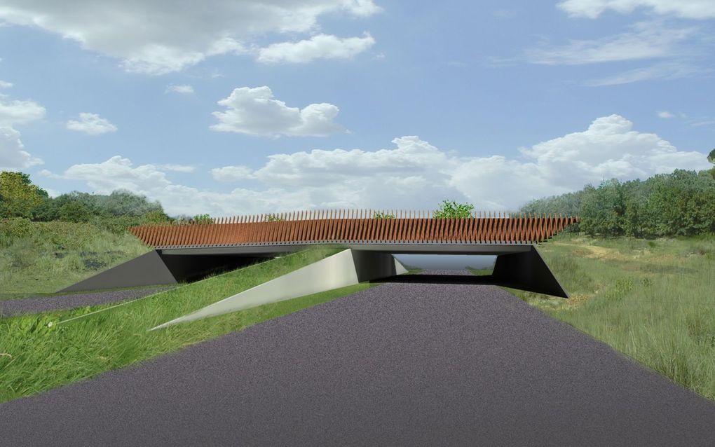 Een impressie van het nieuwe ecoduct Het Tolhuis, dat over de A50 bij Heerde wordt aangelegd. Intussen is begonnen met de aanleg van de natuurpassage, die in 2011 klaar moet zijn. Foto Rijkswaterstaat