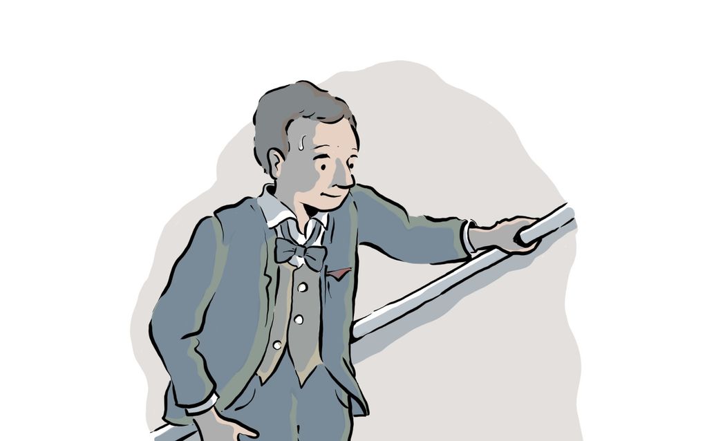 Tekening van een man in een donkergrijs pak met wit overhemd eronder en een strikje om zijn hals. Hij loopt een trap op.