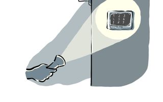 Een tekening van een muur met een toetsenbord van een alarminstallatie, verlicht door een zaklamp. Op de hoek is een bewakingscamera.