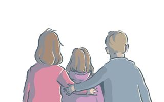 Illustratie van een man en een vrouw met tussen hen in een dochter. Ze zijn vanaf de rug te zien. Ze hebben de armen om de dochter heen geslagen.