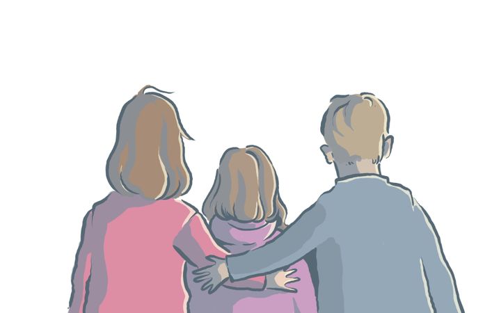 Illustratie van een man en een vrouw met tussen hen in een dochter. Ze zijn vanaf de rug te zien. Ze hebben de armen om de dochter heen geslagen.