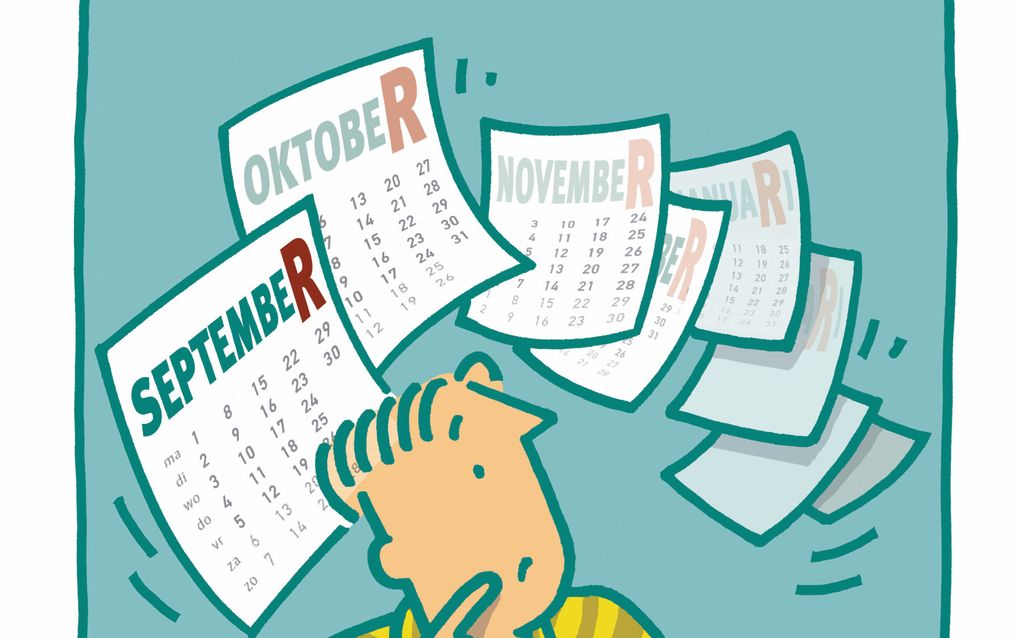 Tekening van een man in een geel gestreepte trui. In zijn hand een paar pillen, op de tafel voor hem pillen en potjes. Op de achtergrond kalenderbladen vanaf september. De R is groot gemaakt in de maandnamen.
