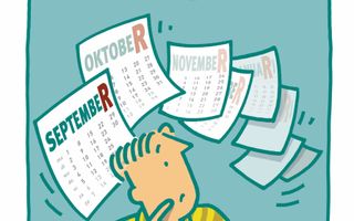 Tekening van een man in een geel gestreepte trui. In zijn hand een paar pillen, op de tafel voor hem pillen en potjes. Op de achtergrond kalenderbladen vanaf september. De R is groot gemaakt in de maandnamen.