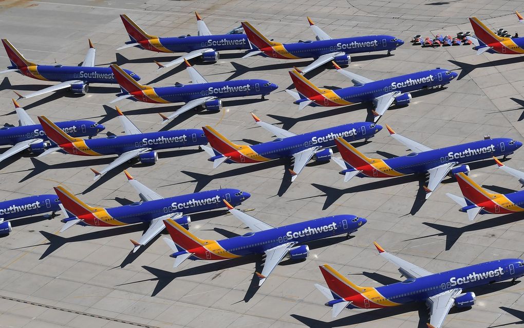 Boeing 737 MAX's aan de grond op een vliegveld in Californië. beeld AFP