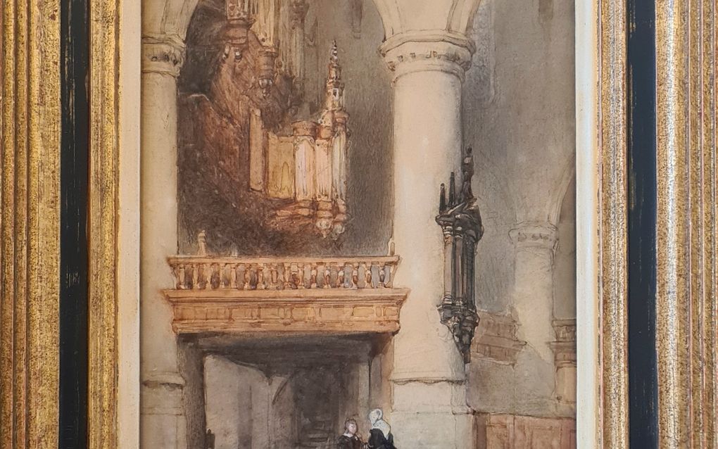 Het interieur van de Oude Kerk in Delft rond 1855. Beeld Nationaal Orgelmuseum Elburg