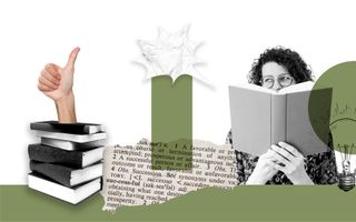 Illustratie met rechts van het midden een foto van een vrouw met bril en krullend haar die over een opengeslagen boek heen kijkt. Rechts naast haar een lamp en een sandwich. Links een stapeltje boeken.