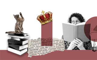 Een jonge vrouw houdt een boek in haar handen. Haar gezicht gaat daar half achter schuil. Rechts van haar een zuil met een gouden kroon, helemaa aan de rand een poes op een stapel boeken.