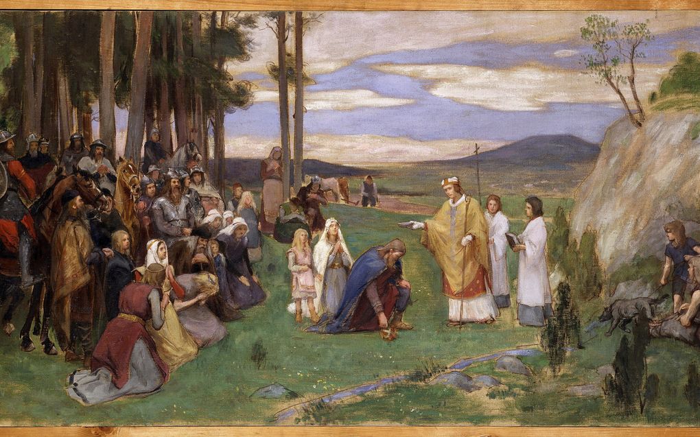 Schilderij van een middeleeuwse prediker die in een landelijke omgeving voor een groep mensen preekt.