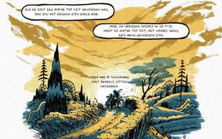 Striptekening van een bergachtige weg met een driewielige scooter. De kleuren oker en petrol overheersen.