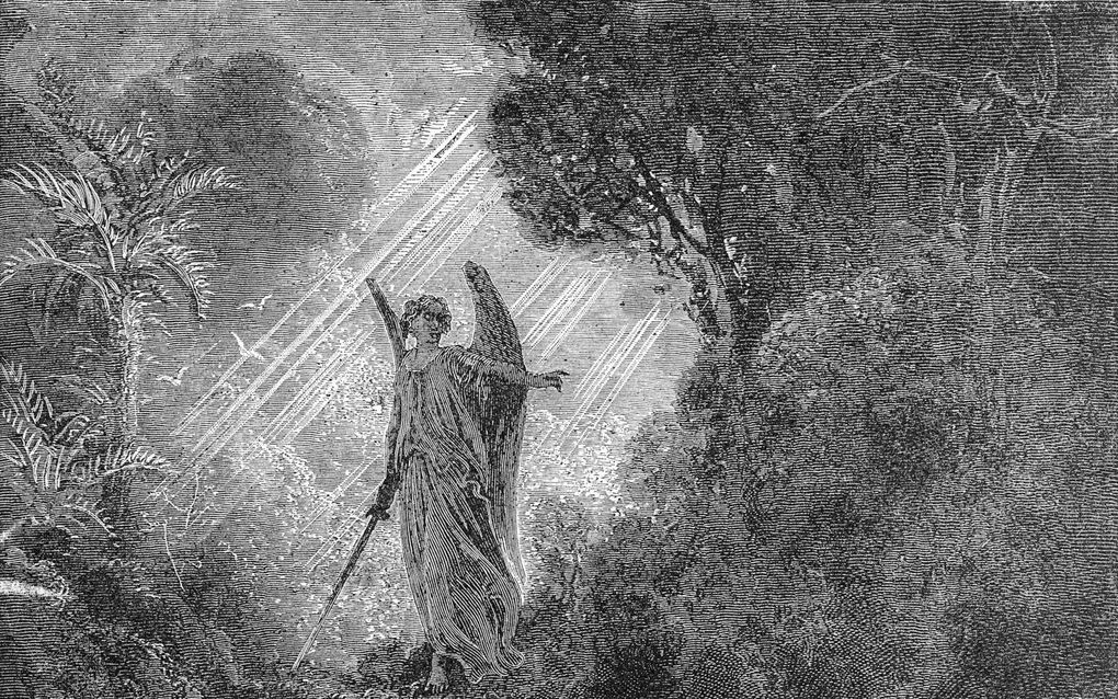 Foto: Adam en Eva worden uit het paradijs verdreven. Gravure van Paul Gustave Doré (1865). beeld Wikimedia