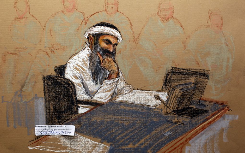 Een tekening van Khalid Sheikh Mohammed in de rechtbank. beeld AFP, Janet Hamlin