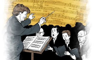 Dirigent staat achter lessenaar met muziek en dirigeert mannen. Op de achtergrond het stuk ”Gesang der Geister”.