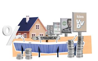 Samengesteld beeld van huis, bordje met tekst ‘”stembureau”, vergadertafels met microfoons, palen met verkiezingsposters en op de voorgrond stapeltjes munten. 