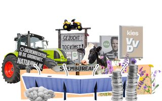 Samengesteld beeld met daarbij onder meer een trekker, een koe en verkiezingsborden.