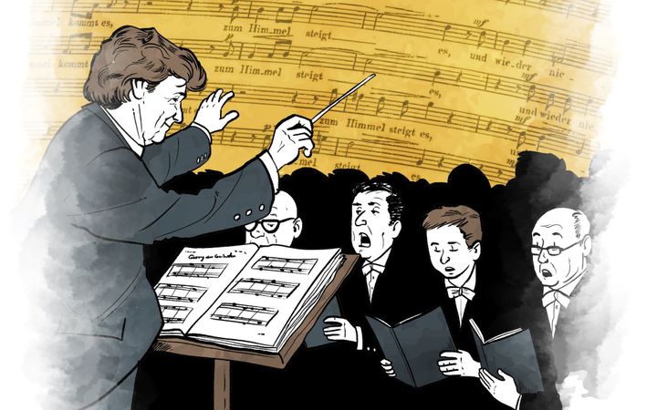 Dirigent staat achter lessenaar met muziek en dirigeert mannen. Op de achtergrond het stuk ”Gesang der Geister”.
