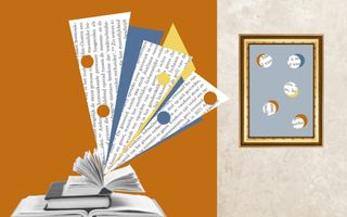 Conceptbeeld van een boek waaruit selectief delen tekst zijn geplakt in een lijst, een ”frame”.