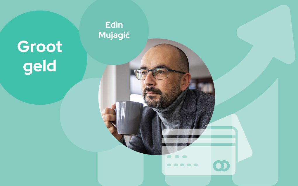 Logo rubriek Groot geld, met daarin een portret van auteur Edin Mujagić, een man met een bril.