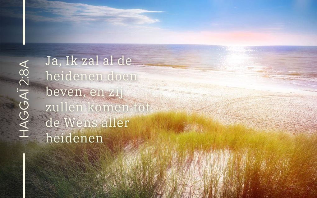 De zon boven zee en strand. Op de voorgrond gras.