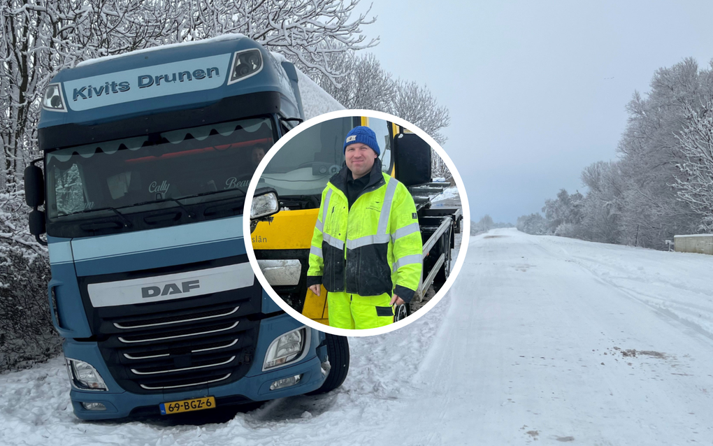 Trucker Mark strandt in de sneeuw bij Sneek: „Het is zwaar beroerd, maar mijn kacheltje brandt en mi