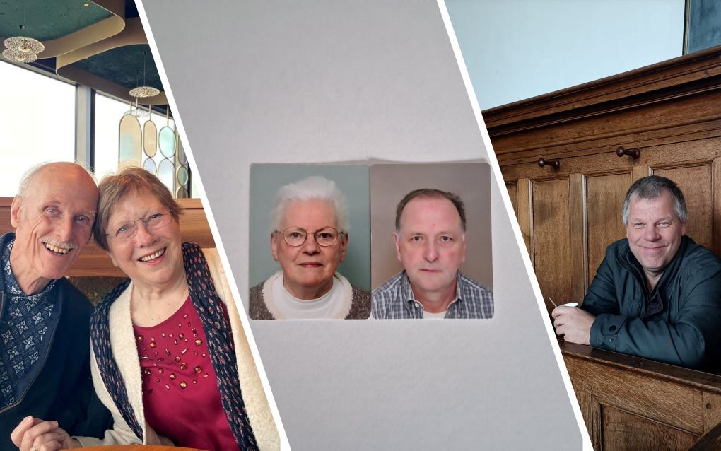 Twee portretten van oudere stellen en één portret van een man.