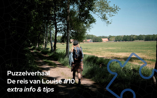 Meisje met pet en rugzak, op de rug gezien, lopend langs een bosrand.