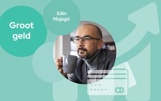 Logo rubriek Groot geld, met daarin een portret van auteur Edin Mujagić, een man met een bril.