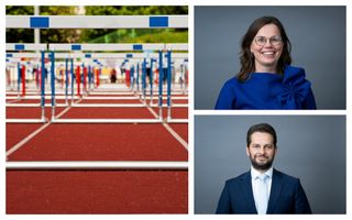 Links een foto van horden die genomen moeten worden tijdens een wedstrijd. Rechts een portret van Mirjam Bikker en van André Flach