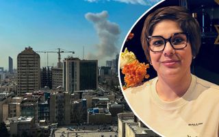 Beeld van stad met rookwolken, met portret van Leili Ramezanzadeh, een vrouw met bril en gele trui