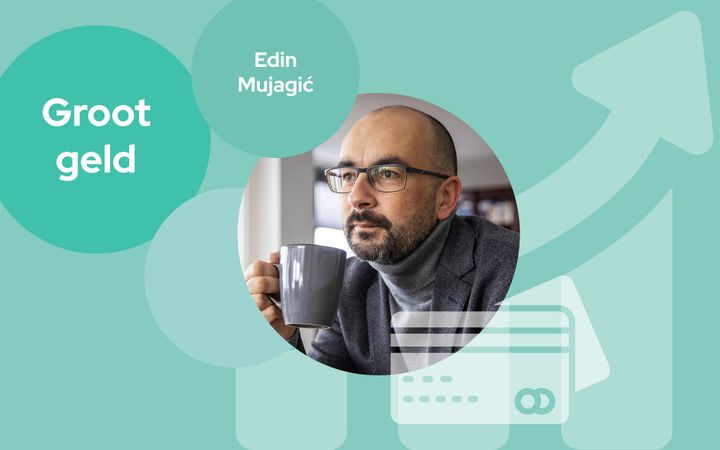 Logo rubriek Groot geld, met daarin een portret van auteur Edin Mujagić, een man met een bril.