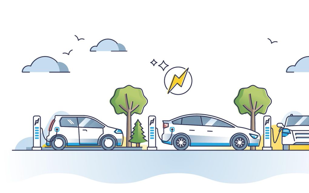 Illustratie van drie auto’s aan laadpalen.