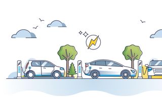 Illustratie van drie auto’s aan laadpalen.