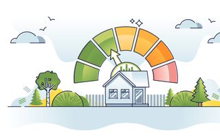 Tekening van een woning met energie-efficiëntie weergegeven op een schaal van donkergroen (energiezuinig) tot rood (niet energiezuinig).