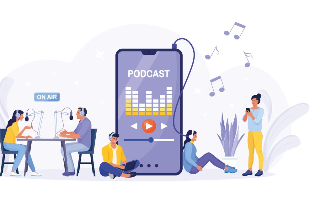 Illustratie met links een studie waarin een podcast wordt opgenomen, in het midden een telefoon met daarop een afspeelknop voor podcast en rechts mensen die luisteren naar een podcast. beeld iStock, Mark David