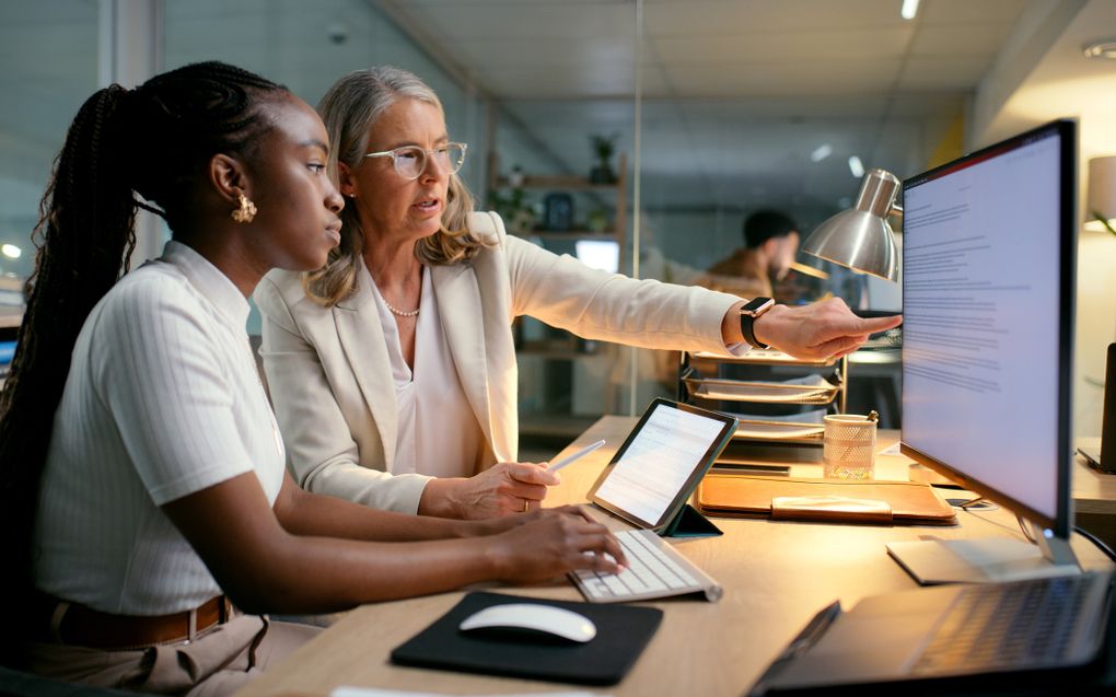 Een mentor wijst als begeleider van een stagiair iets aan op een scherm.