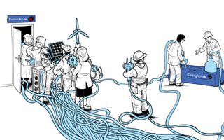 Op een illustratie staan mensen in de rij met een stekker en snoer in de hand om elektriciteit te krijgen. Rechts hebben twee mannen geen zin om te wachten en delen met elkaar een stekkerdoos.