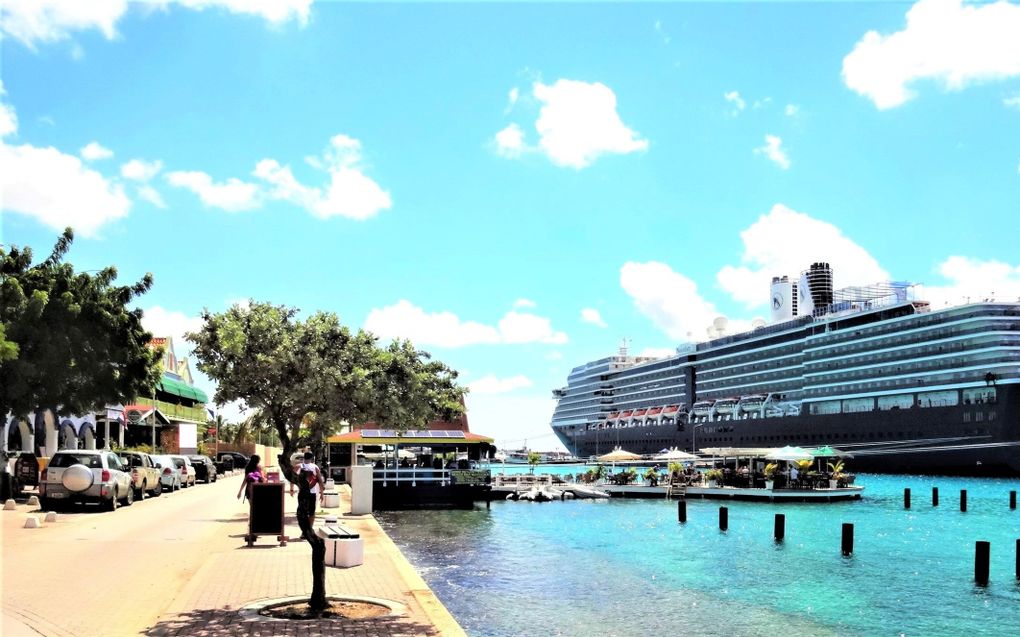 Bonaire kampt met ruimtegebrek in de haven. Grote cruiseschepen concurreren met de koopvaardij die Bonaire bevoorraadt. Op de foto de ”Noordam” van de Holland-Amerika Lijn (HAL). beeld Marius Bremmer