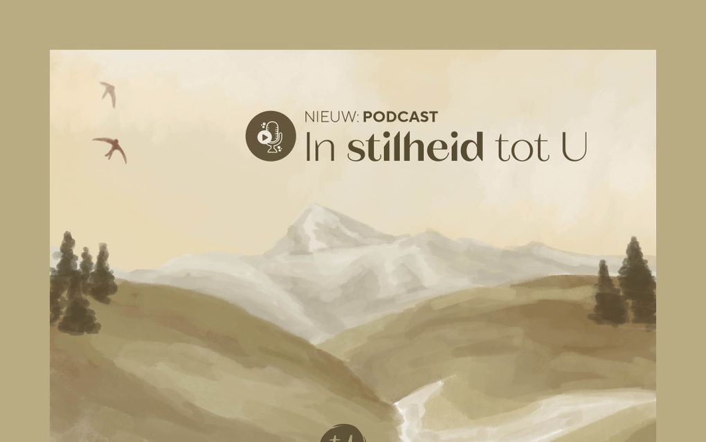 Een illustratie bij de podcast ”In stilheid tot U”. Tekening van een landschap met bergen, heuvels en bomen.