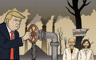 Een illustratie van Trump die aan de gaskraan draait, twee personen in witte jassen met tape op hun mond geplakt ernaast. Op de achtergrond veel pijpen met zwarte rook eruit en een bordje met klimaatakkoord waar een rood kruis door staat.