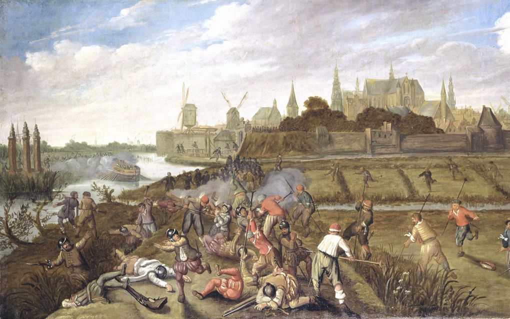 Uitval op de Boshuijserschans in Leiden. Anoniem schilderij uit de eerste helft van de zeventiende eeuw. beeld Museum De Lakenhal