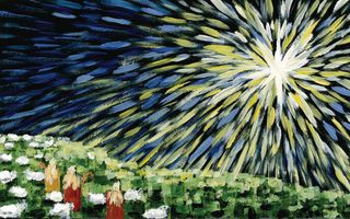 Kunstwerk van ster met stralen boven groene velden van Efratha met de herders en schapen 