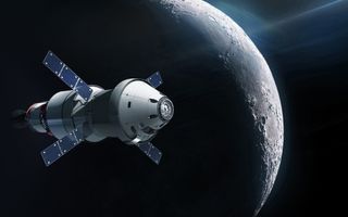 Ruimteschip in de buurt van de maan.