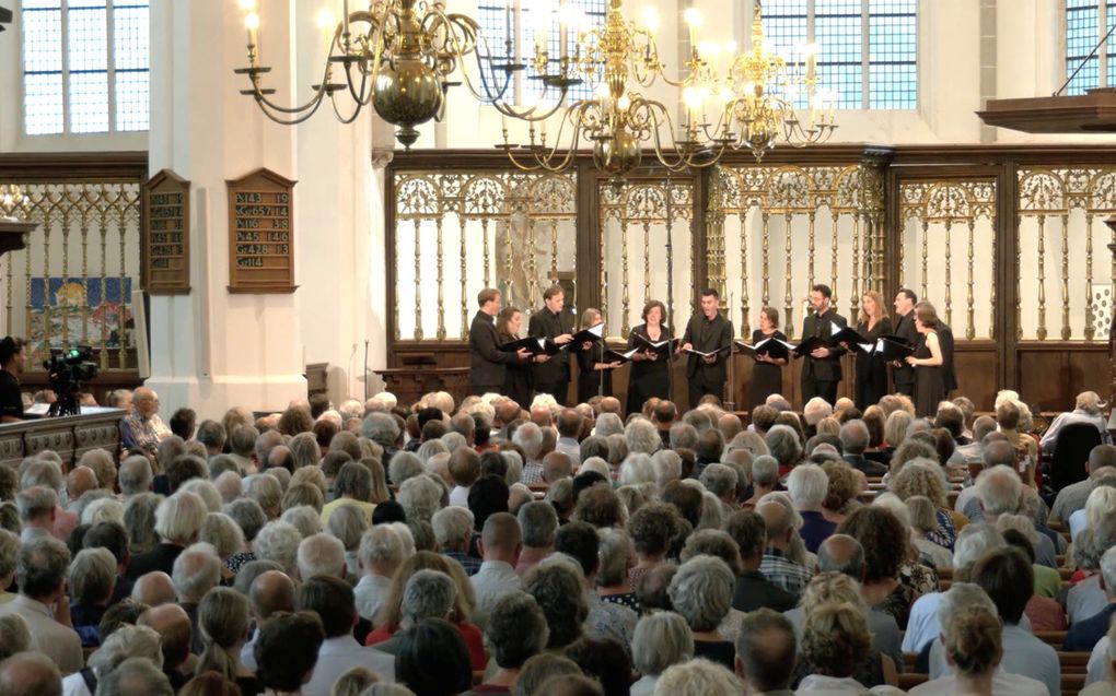 Het ensemble Stile Antico tijdens een optreden in de Utrechtse Jacobikerk. Beeld oudemuziek.nl/festival/livestreams