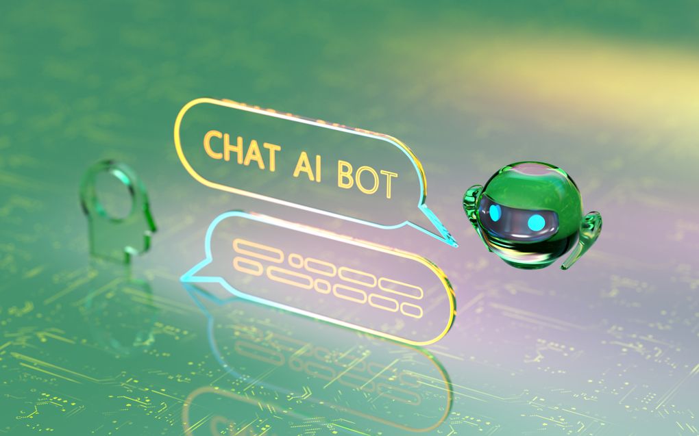 Groene moederplaat van een computer met daarboven de tekst ‘Chat AI bot’ in een tekstwolkje bij een groen rond AI-figuurtje. 