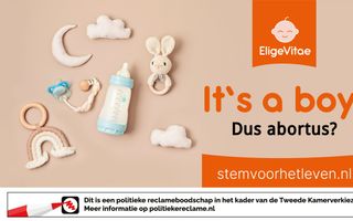 Een babyfles en babyspeeltjes met daarbij de tekst: „It’s a boy! Dus abortus?”