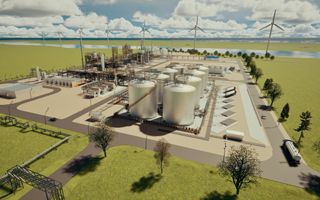 Artist’s impression van een fabrieksinstallatie in een groen landschap met water en windmolens op de achtergrond. 