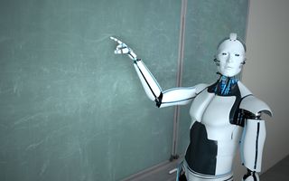 Een robot staat voor een schoolbord in een leslokaal.