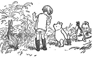 Zwart-witte pentekening van een kindje met laarzen aan dat zijn vinger voor z’n mond houdt en naar een rechtop staande beer kijkt en een aantal andere dieren.  