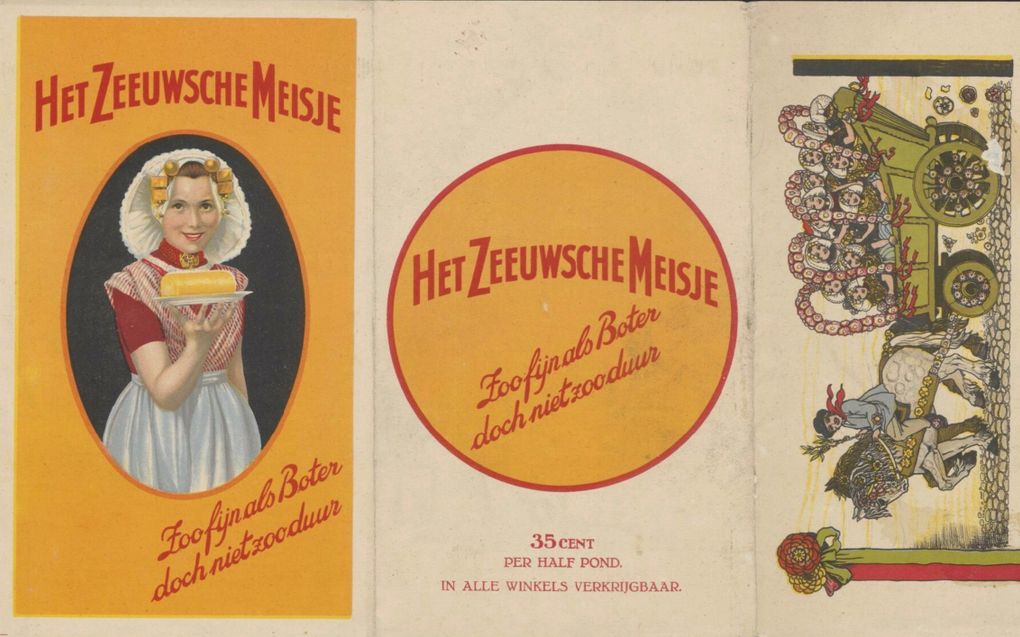 Brochure uit 1930 met een verwijzing naar de boerenkar die met Zeeuwse Meisjes door heel Nederland reed om de margarine aan de man te brengen. beeld Archief Unilever. 