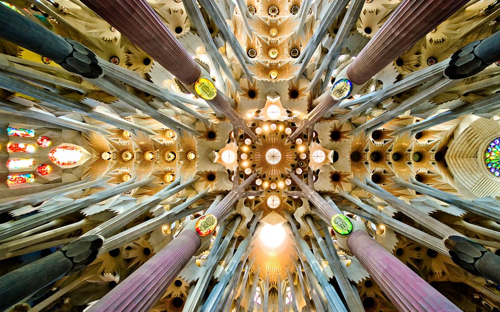 Plafond van de Sagrada Familia in Barcelona, ontworpen door de Spaanse archictect Antoni Gaudi. beeld Wikimedia